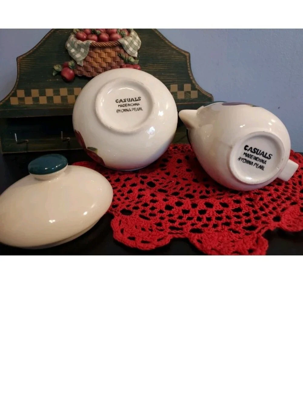 Casuals China Pearl Sugar W/lid & Creamer Apple Themed Key Rack Vintage Kitchy